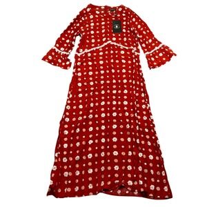 Bright and Beautiful Poppy‎ Polka Floral Dress Red Midi Bell Sleeve NWT Size L